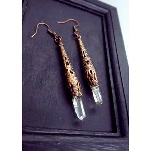 Copper plated filigree quartz crystal earrings handmade gothic style jewelry